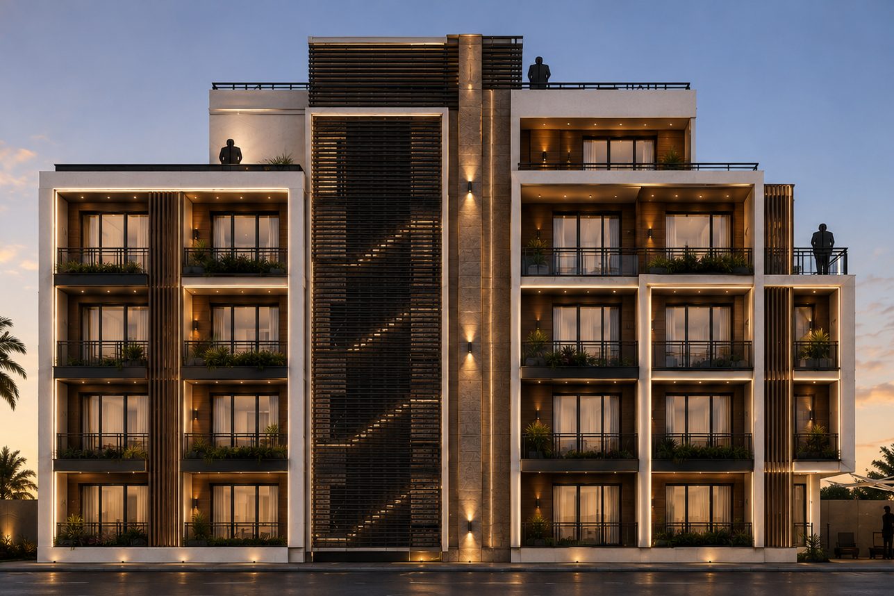 The full west elevation of Casabella Tower at dusk — stepped white volumes and lit planted balconies either side of the illuminated timber stair core.