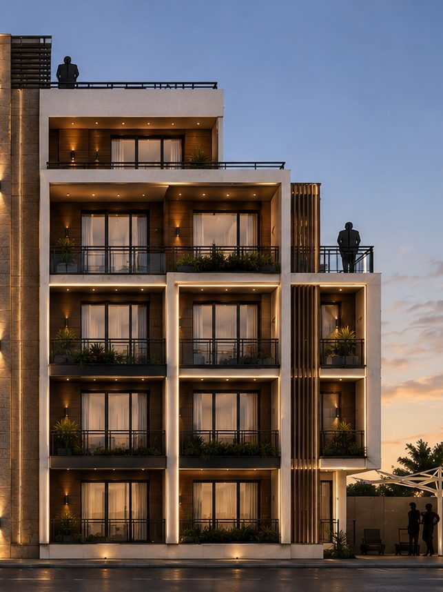 The upper residences of Casabella Tower stepping back as the building rises, opening onto wide private terraces beneath the shared roof deck.