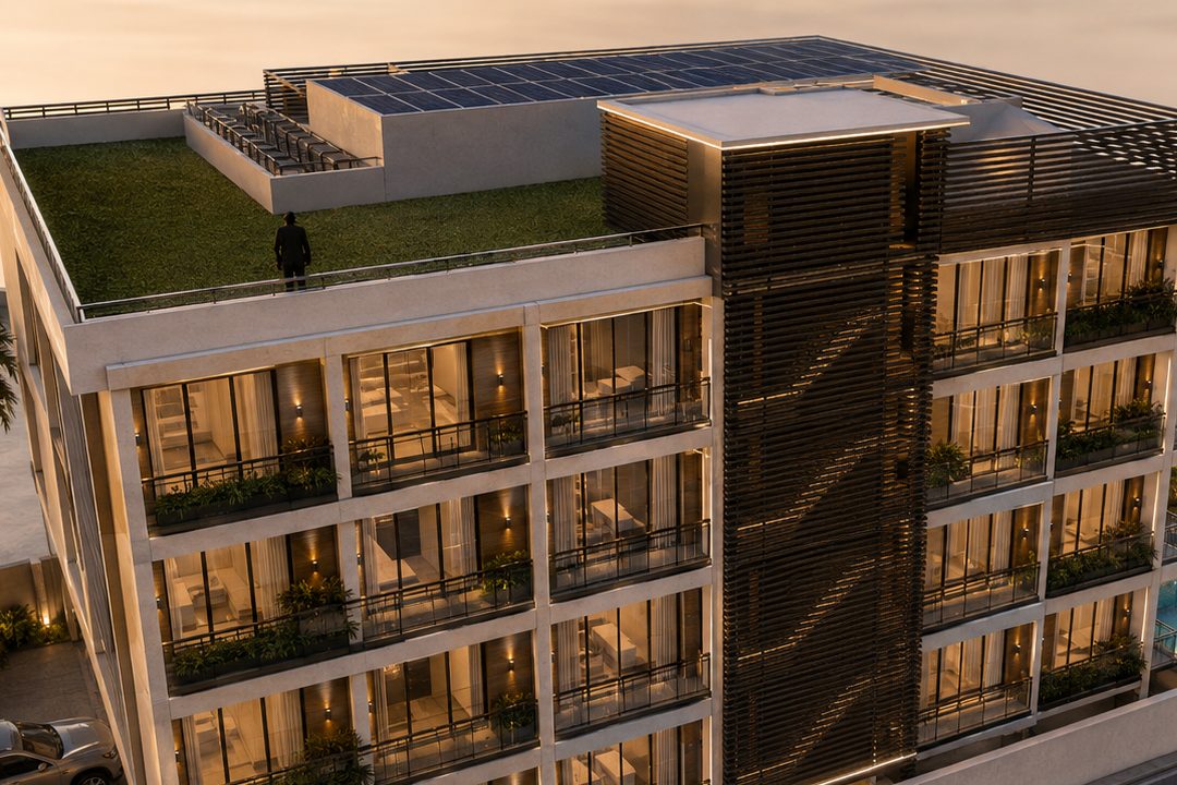 The shared rooftop terrace of Casabella Tower seen from above — lawn, shaded seating and the photovoltaic array that offsets the building's common-area load.