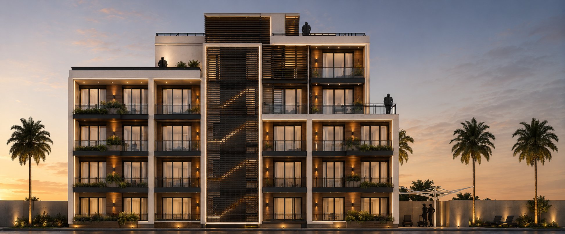 Casabella Tower at dusk — the five-storey west façade lit from within, with planted balconies, a timber-screened stair core and palm trees against a sunset sky.